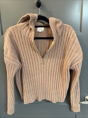 Pink Republic Ribbed Half-Zip Sweater With Hood Brown / Tan Size L